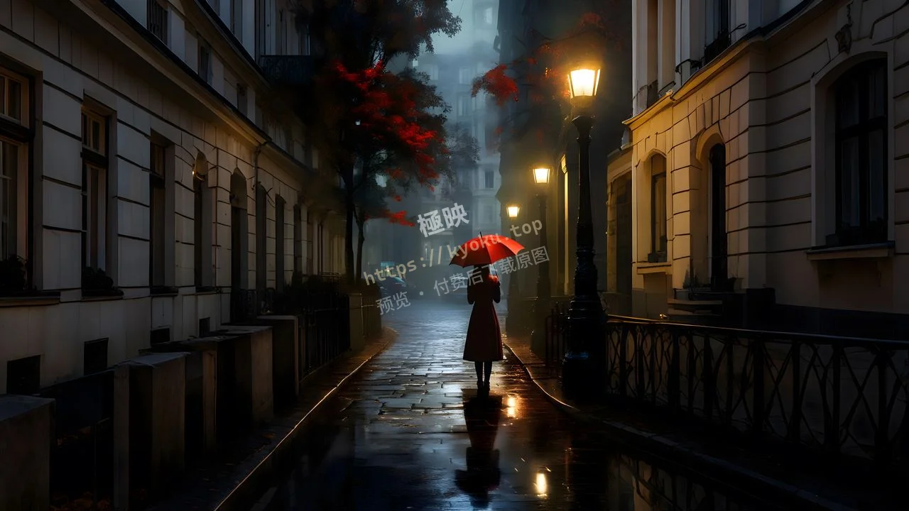 红伞街巷雨夜