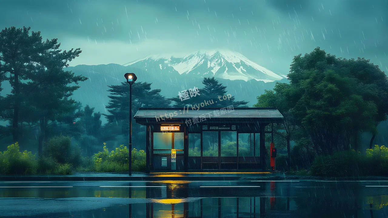日式富士山雨中车站