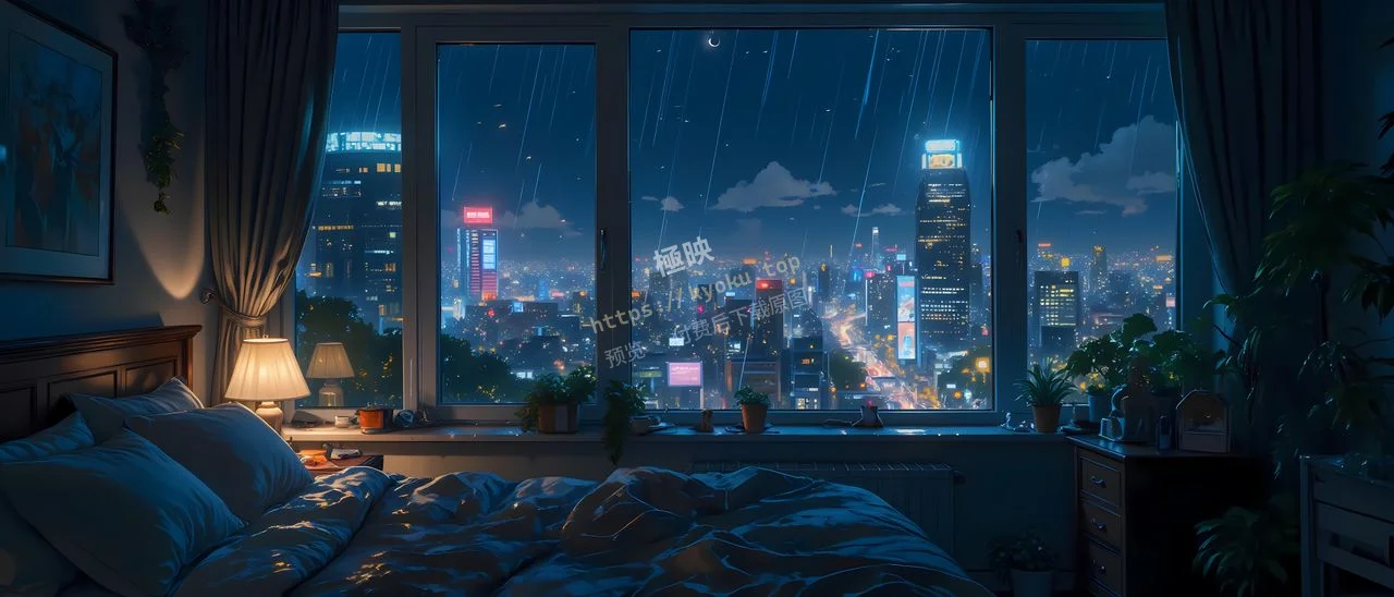 ‌雨夜都市卧室窗景