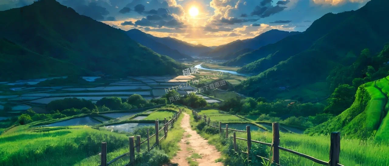 乡村夕阳清新动漫风