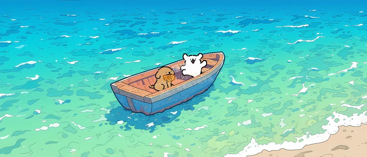 线条小狗海边小船