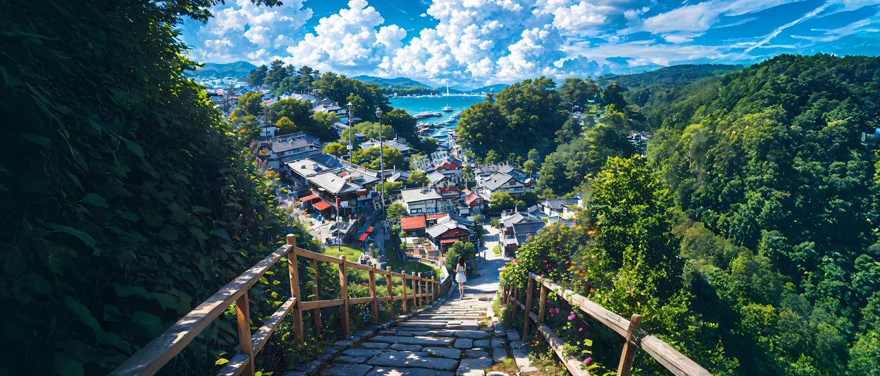 动漫风海滨石阶小镇