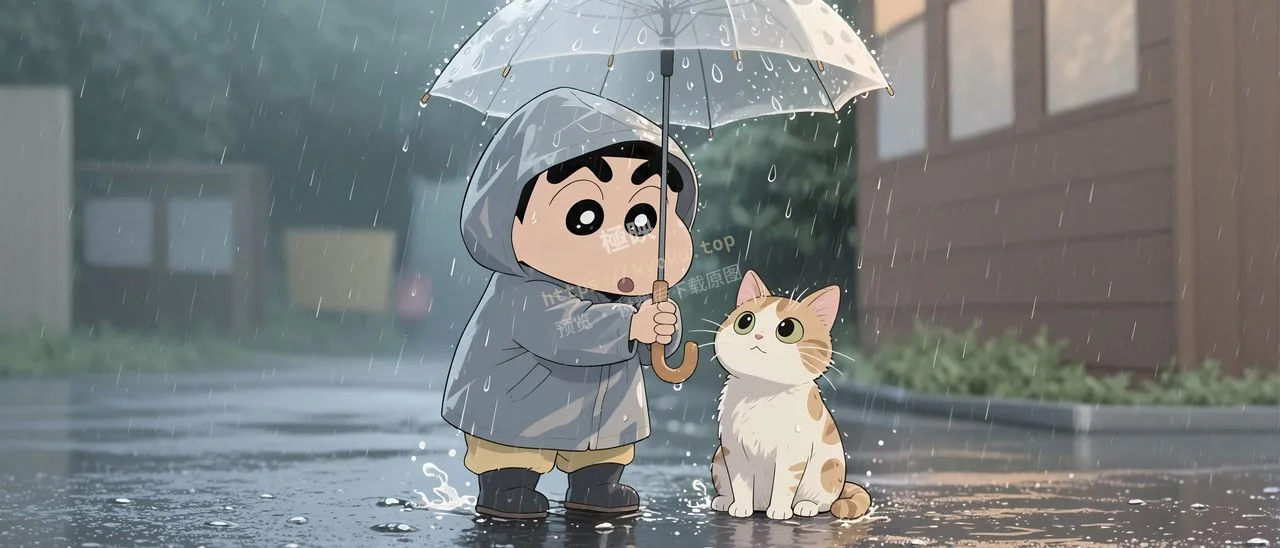 蜡笔小新雨天撑伞护猫