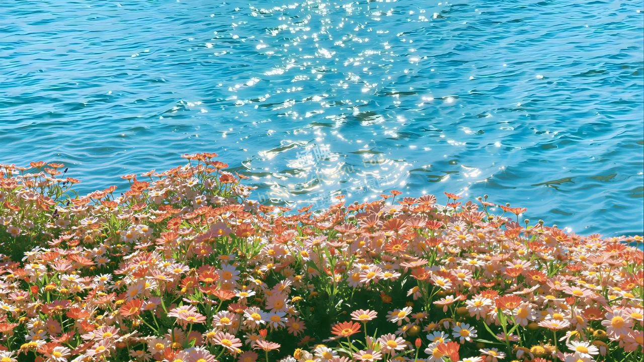 海边雏菊簇蓝水阳光