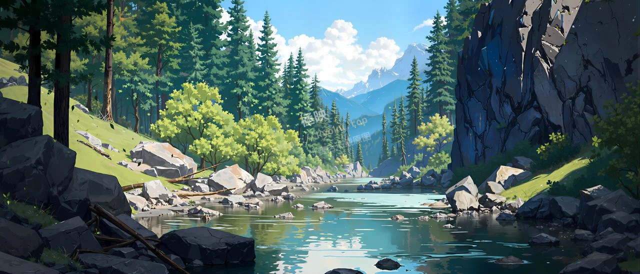 森林溪流风景动漫风