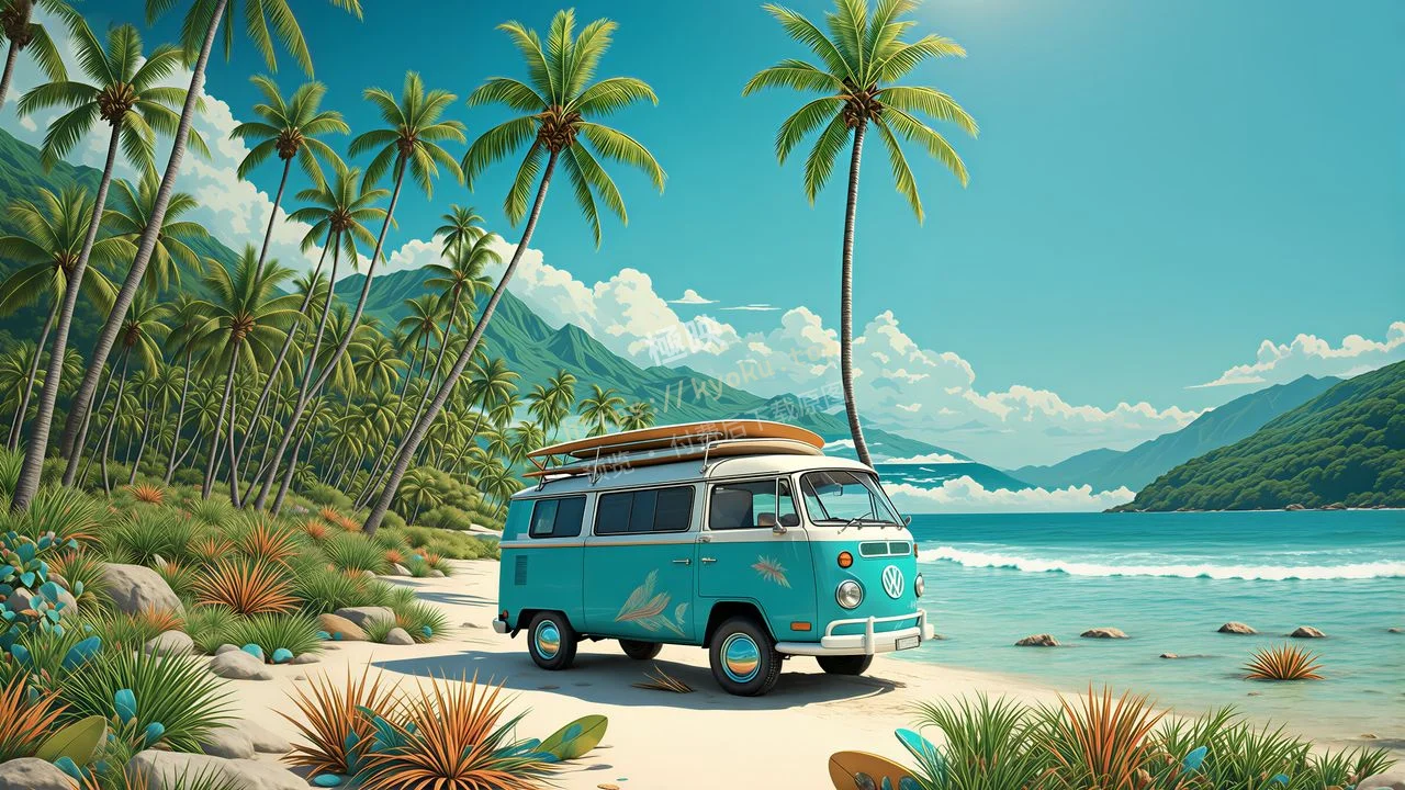 海滩复古冲浪巴士