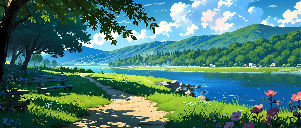 宫崎骏风格湖边花海