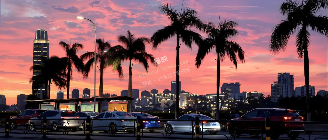 都市棕榈树黄昏车流街景