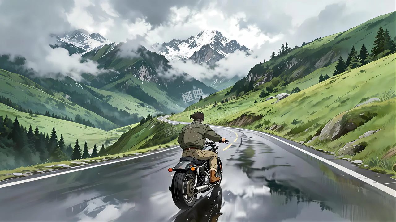 山间公路摩托车雪山