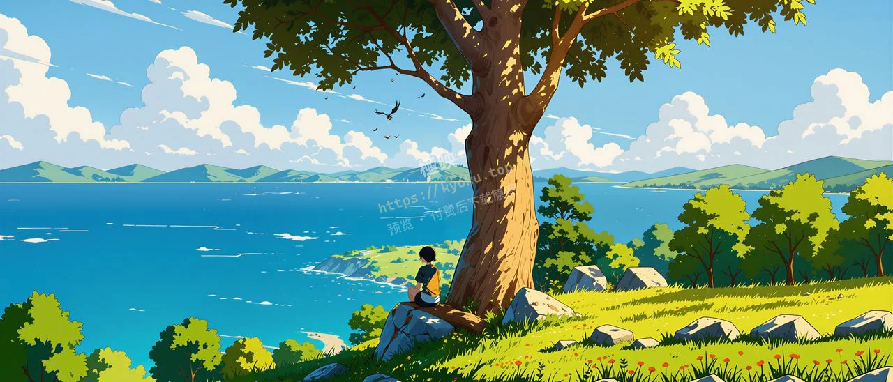 宫崎骏风海边大树少年