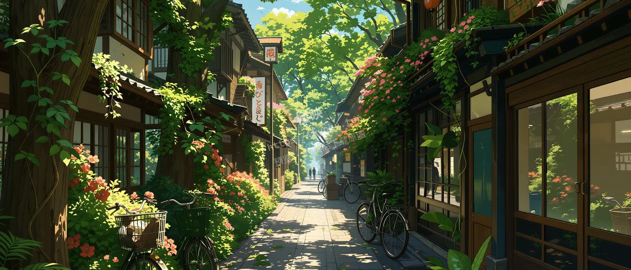 夏日绿植日系老街小巷