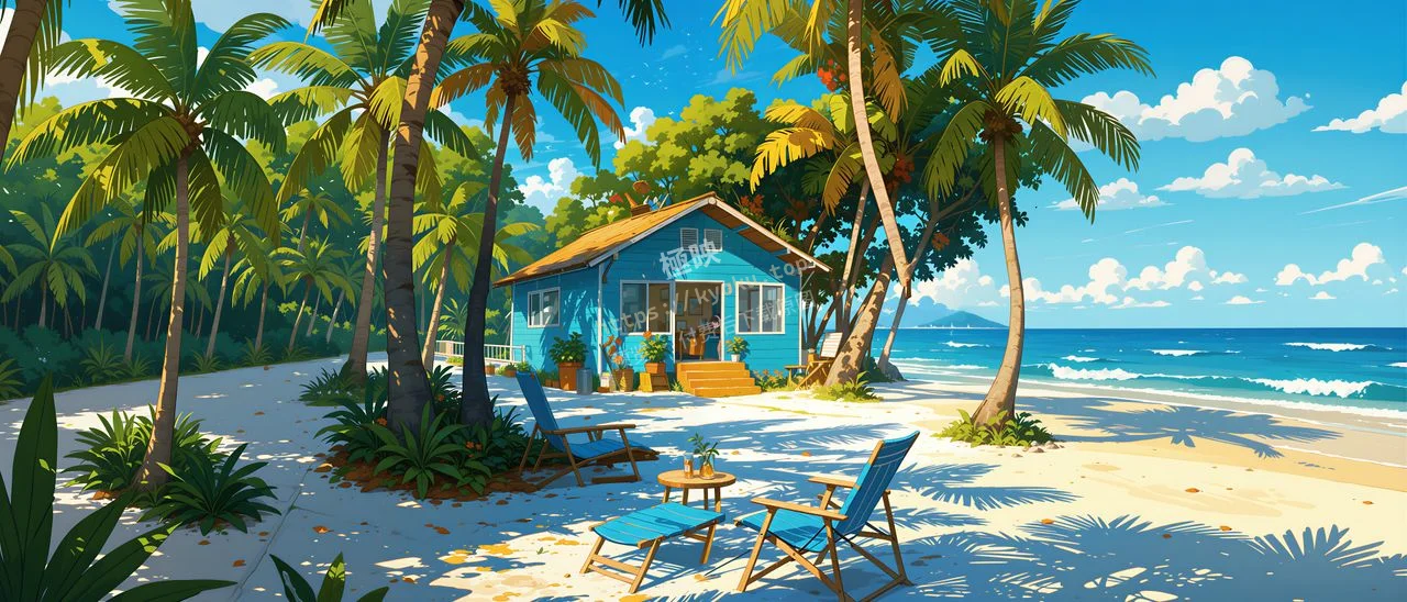 椰林海边蓝色度假木屋