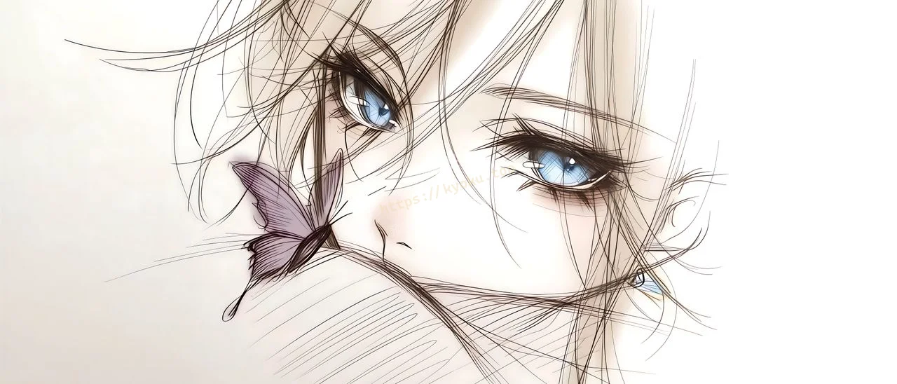 细线素描少女蝴蝶
