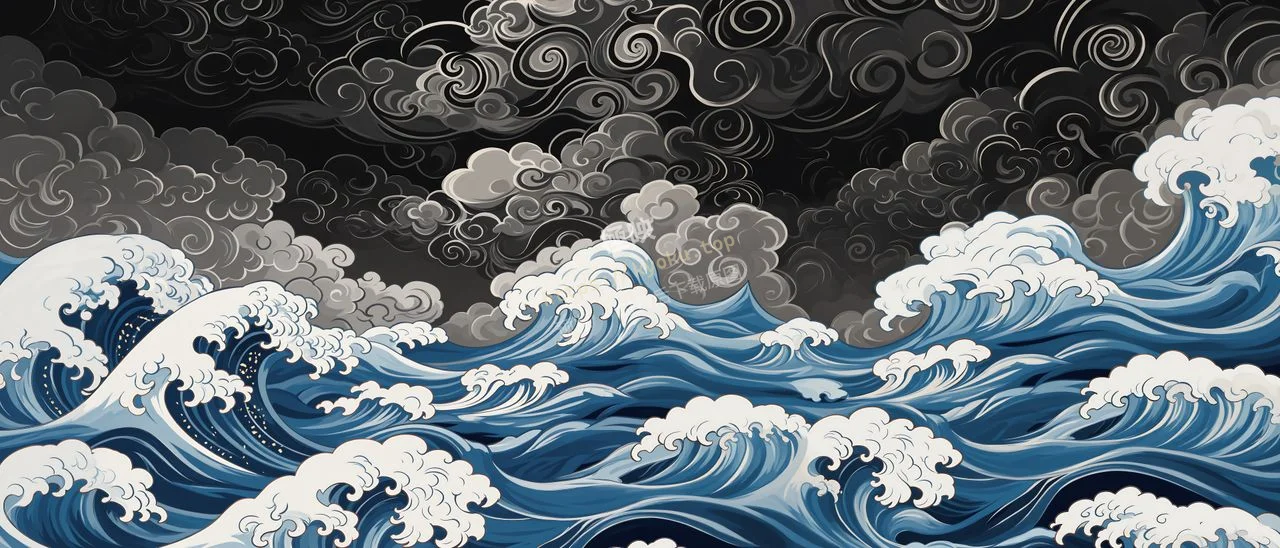 浮世绘青蓝海浪祥云