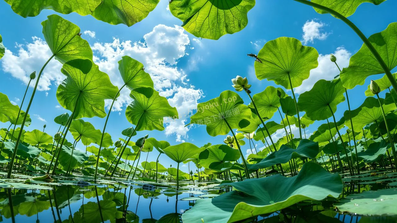 夏日仰拍荷塘莲叶