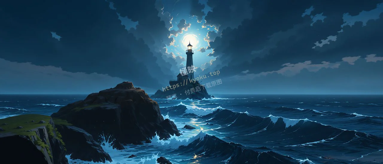 月夜灯塔浪涌礁石