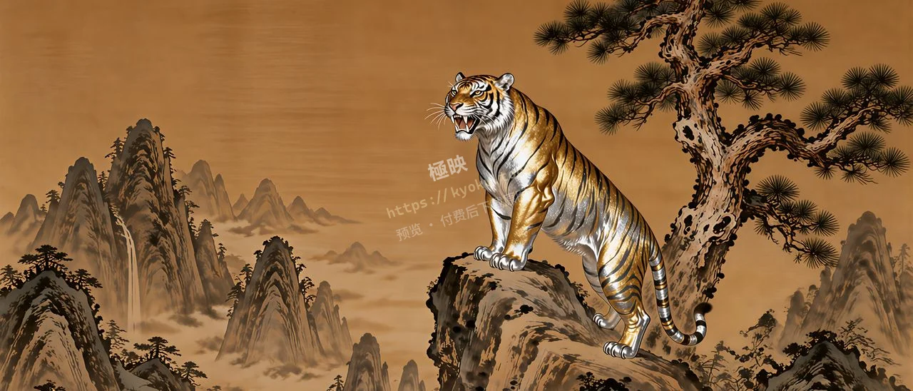 中式古画上山金虎