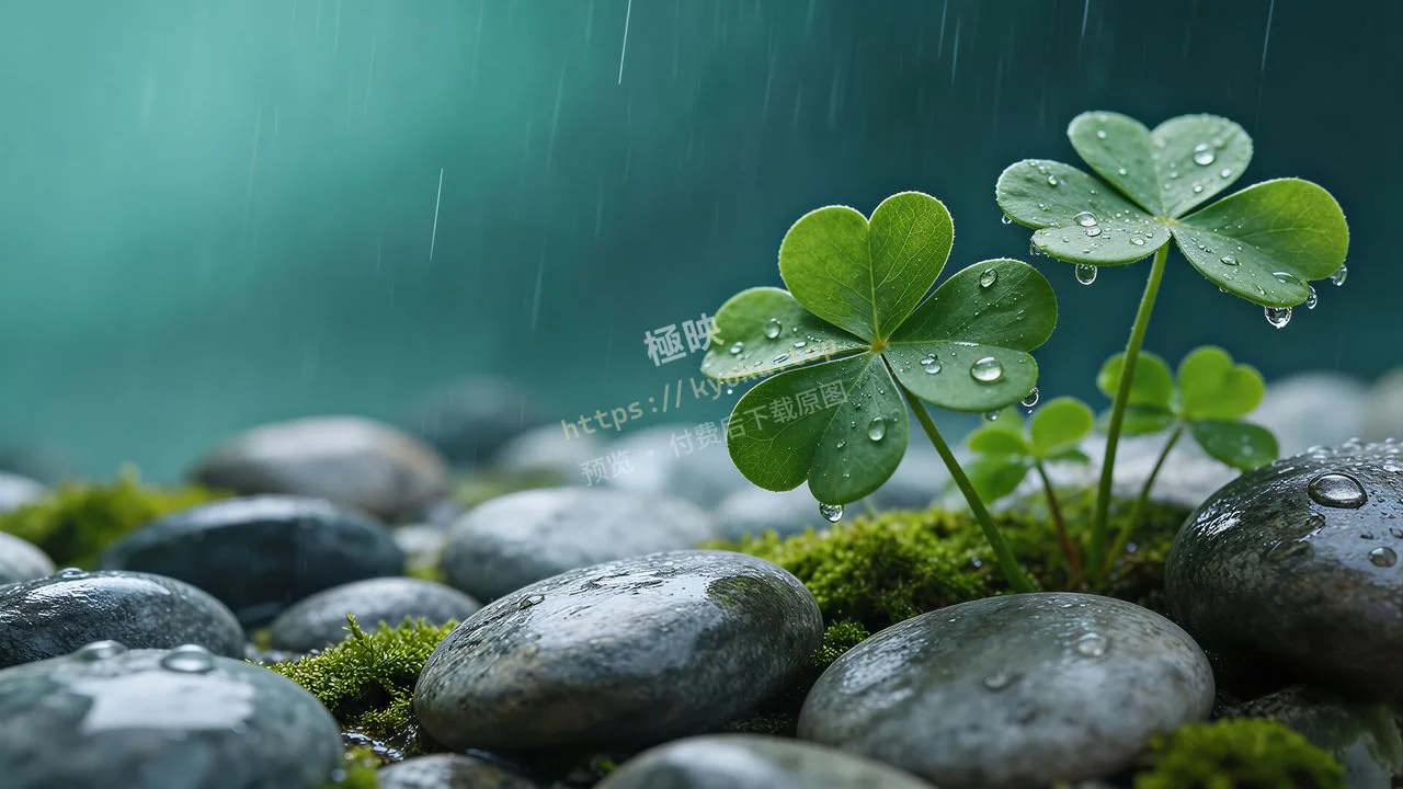 雨中四叶草鹅卵石
